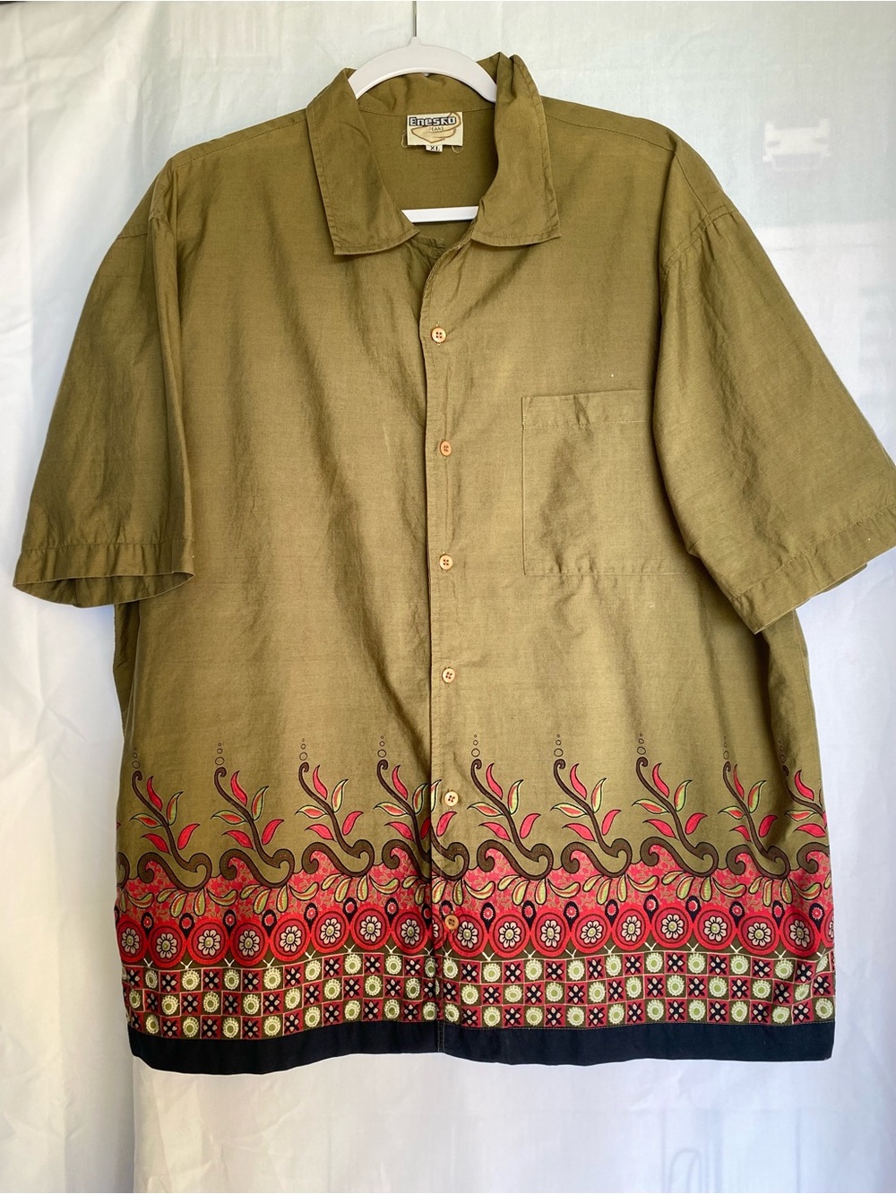 Eneko Jeans Men's XL Woven Short Sleeve Button-Up Shirt Pockets Floral Olive
